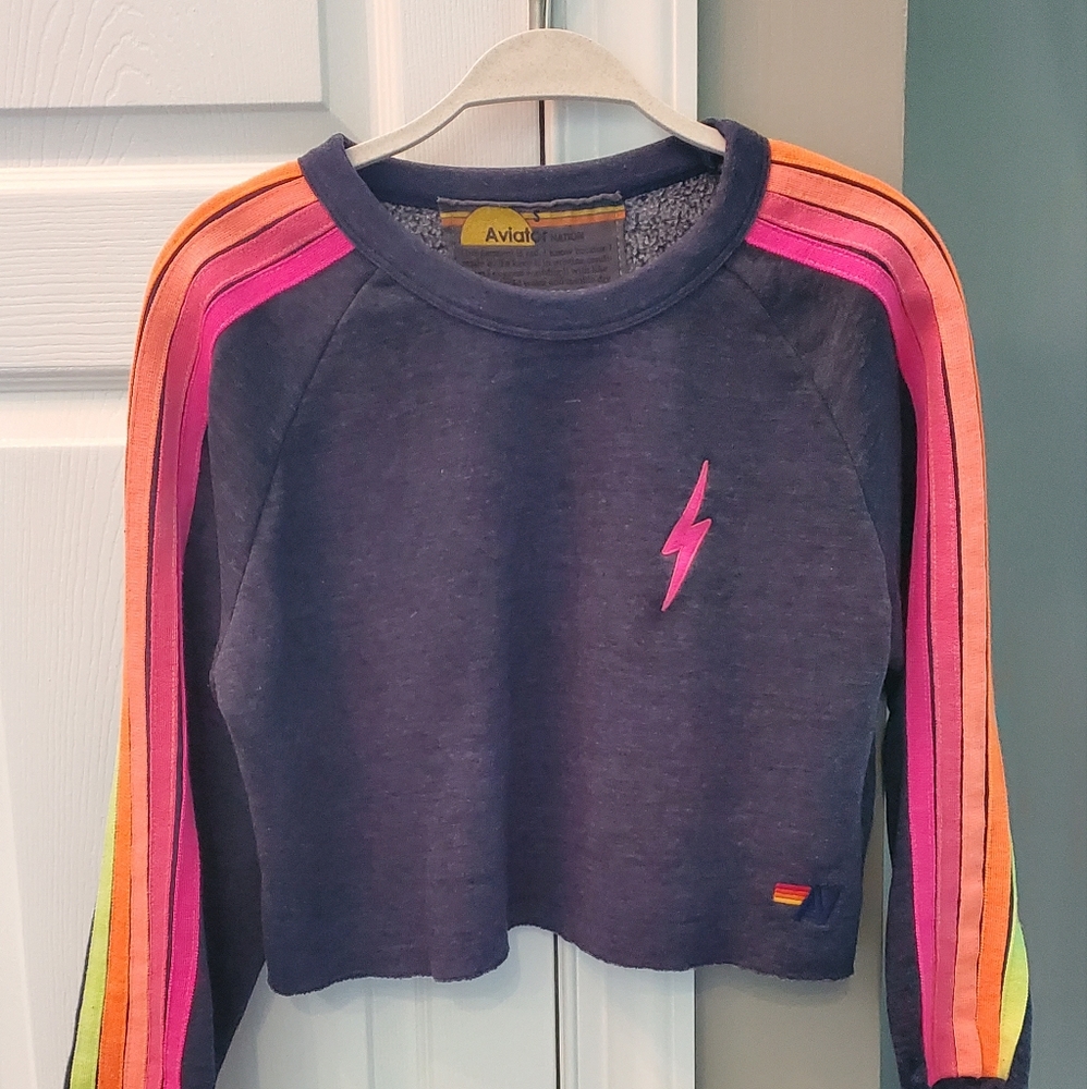 Aviator Nation Classic Cropped Crew Sweatshirt-Heather Navy, Neon Stripe…